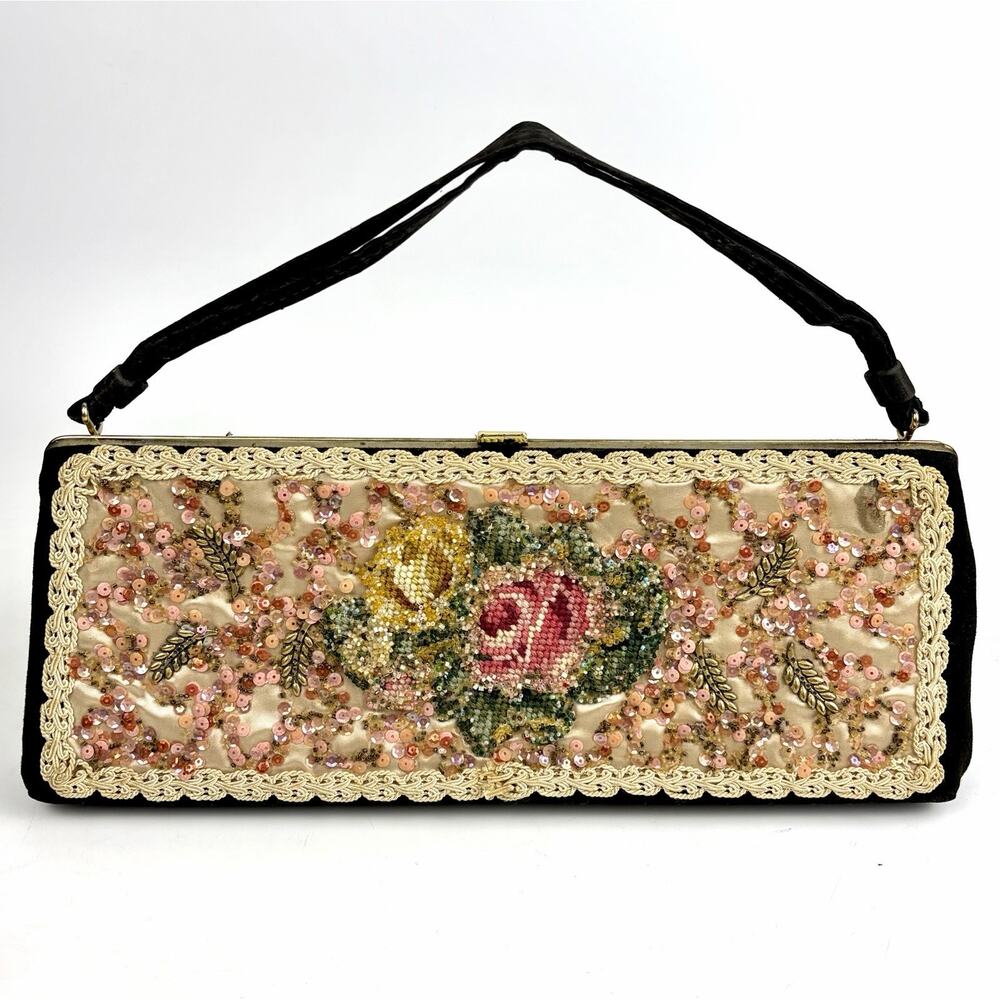 VTG Caron of Houston Beaded Applique Needlepoint Black Velvet Handbag Purse